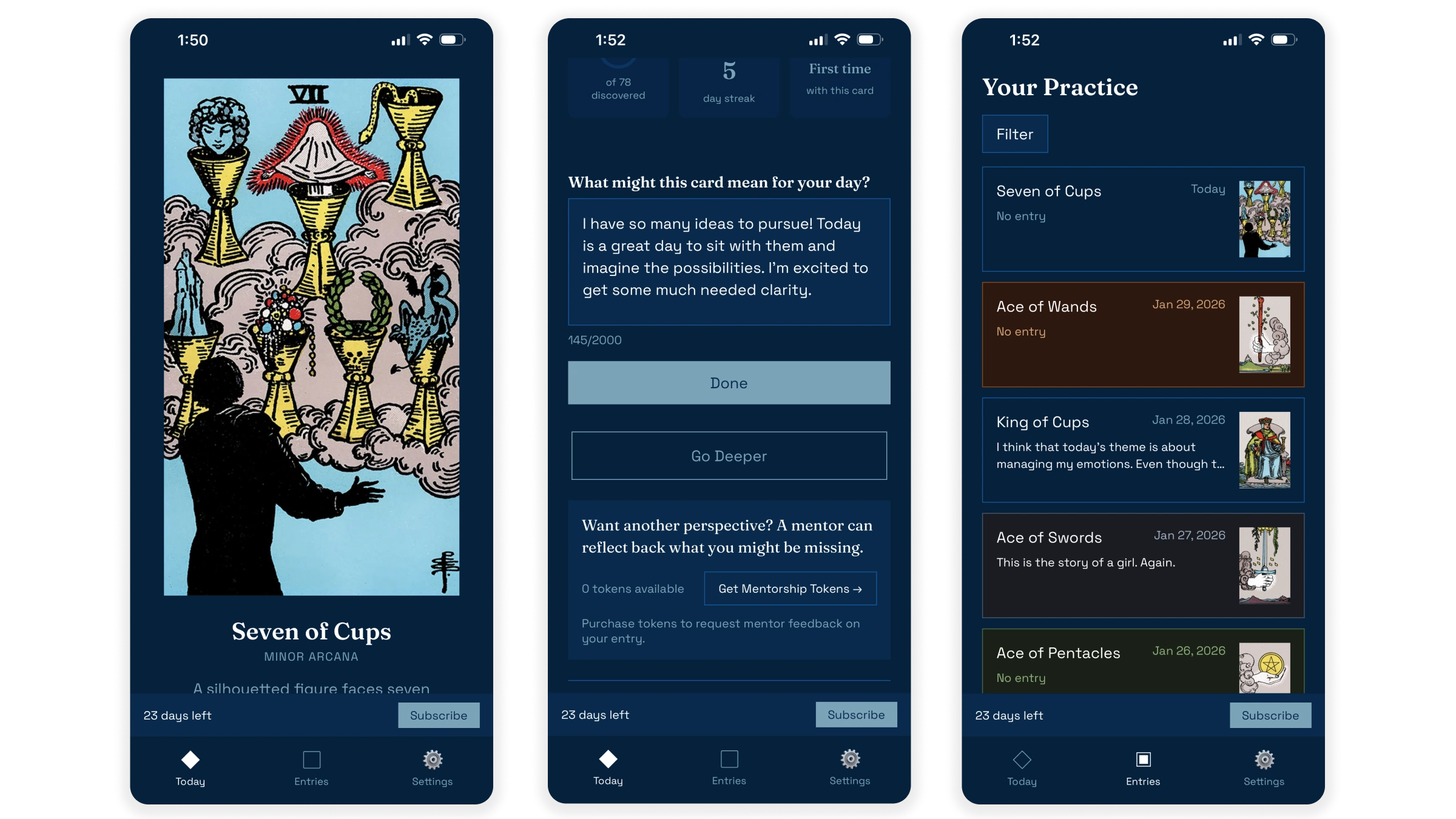 Card Ritual app screen showing the daily tarot card pull, the emotional entry point of the product