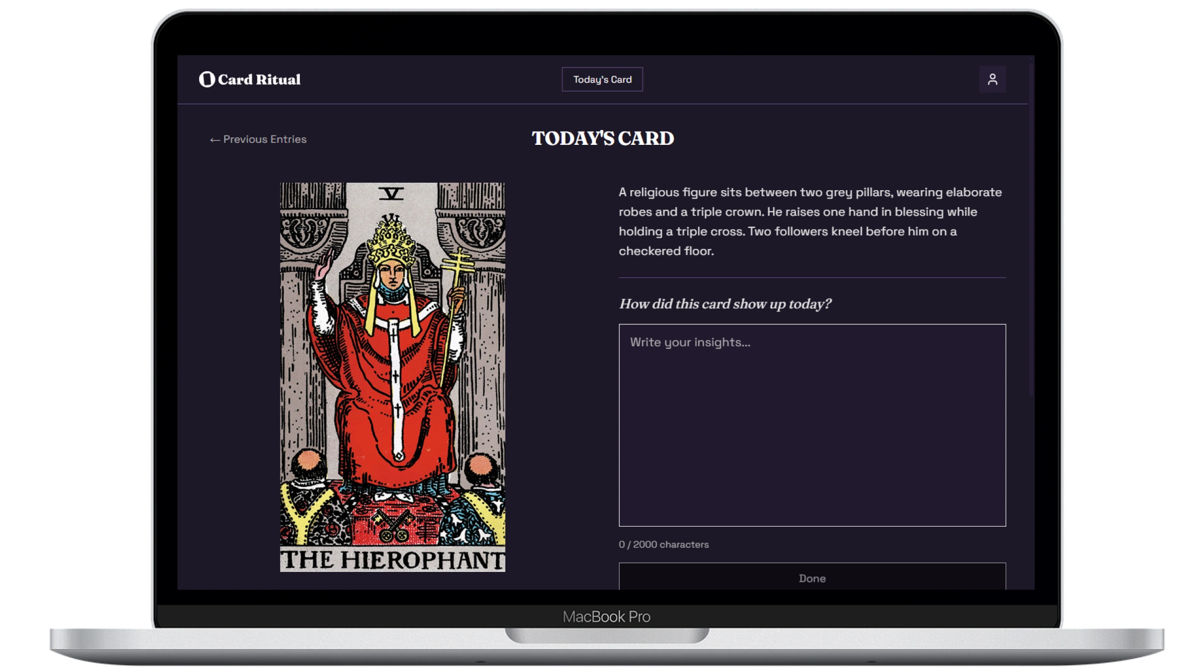 Card Ritual's daily loop screen showing a pulled tarot card alongside the journal reflection prompt