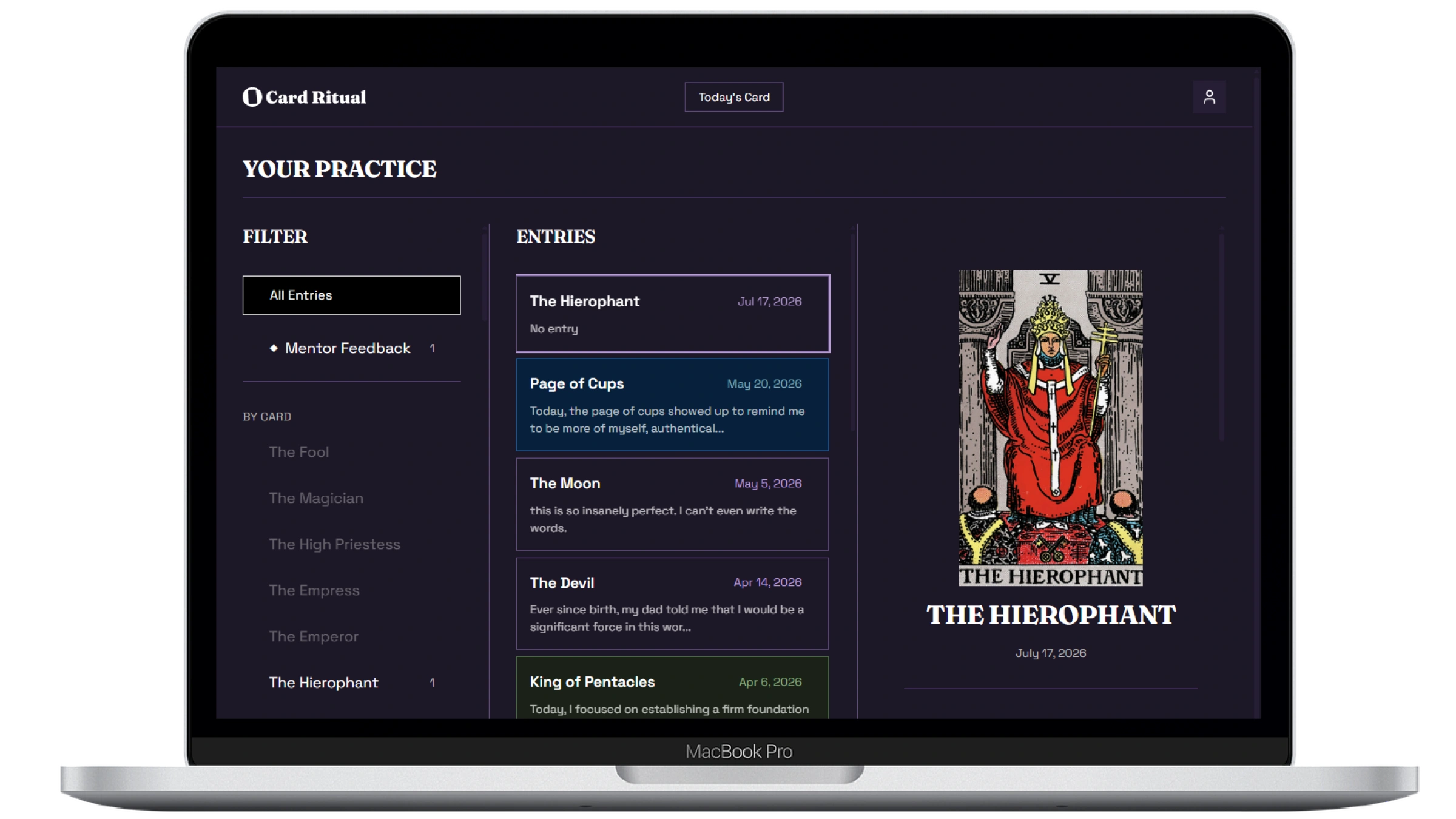 Card Ritual's entry history view showing past tarot journal entries over time