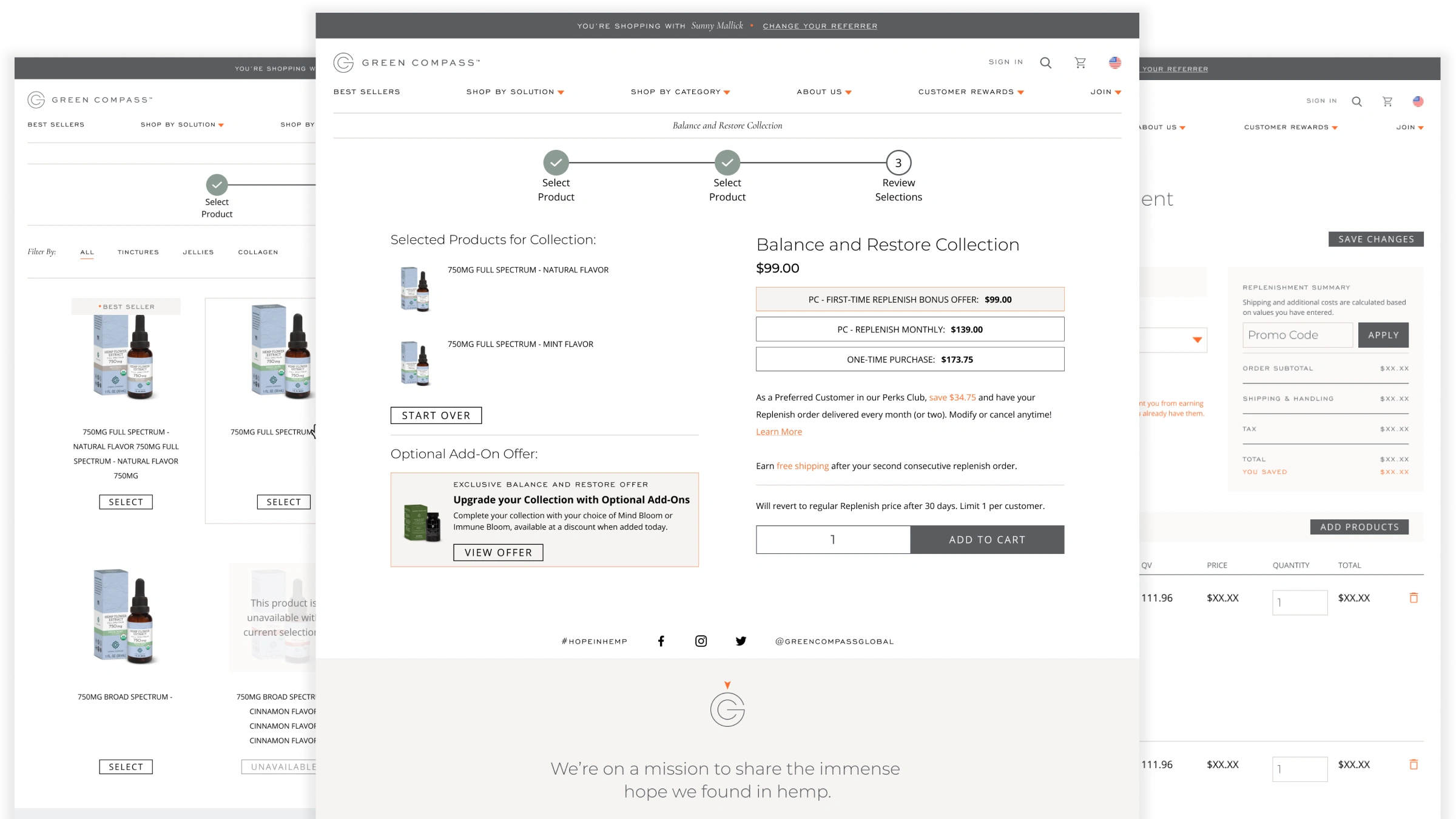 Green Compass distributor enrollment flow overview showing kit selection, pricing review, and confirmation screens