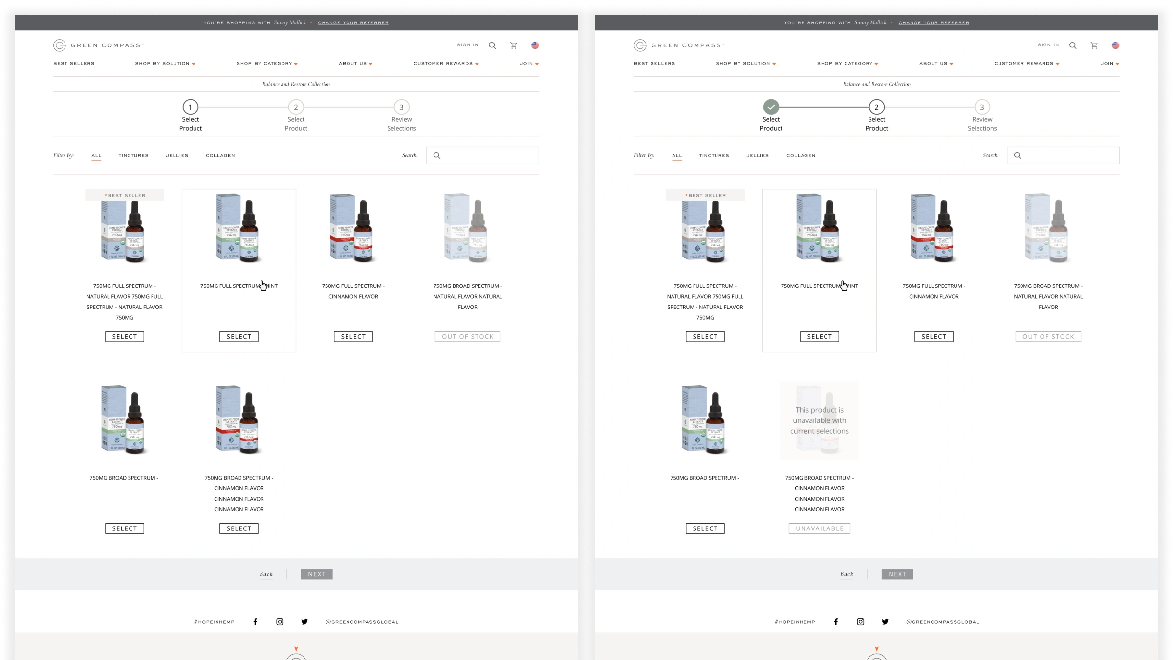 Green Compass enrollment step for selecting product kits, showing a disabled option with an explanation for products that can't legally be combined