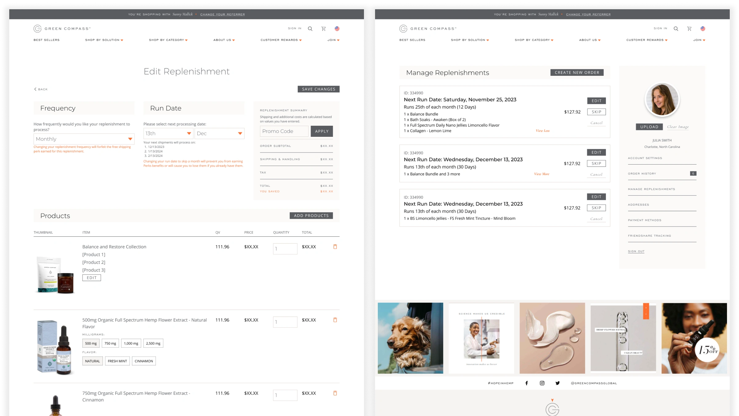 Green Compass enrollment review screen comparing retail, subscription, and distributor pricing side by side