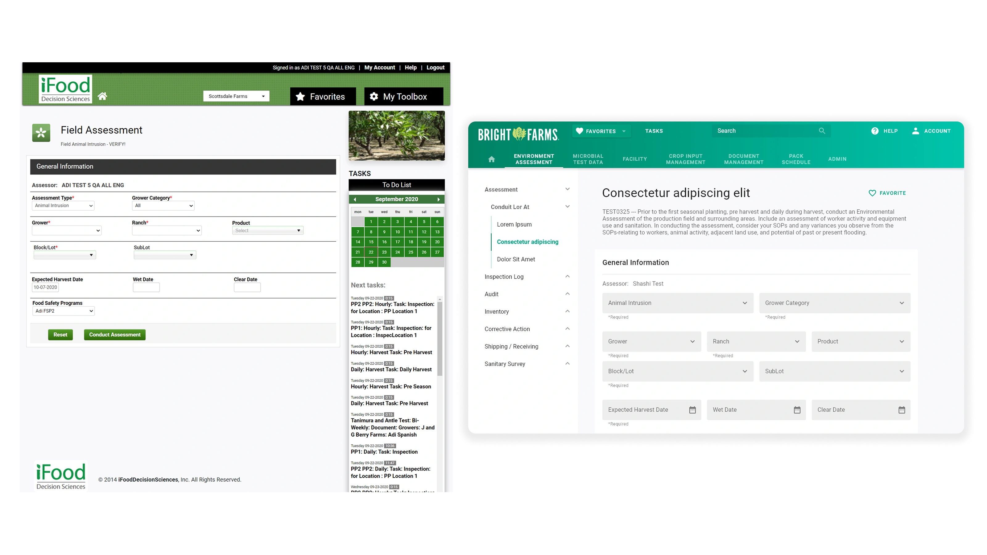 The old generic iFoodDS assessment form next to the rebuilt app's version of the same task, now nested under a categorized role-based navigation panel