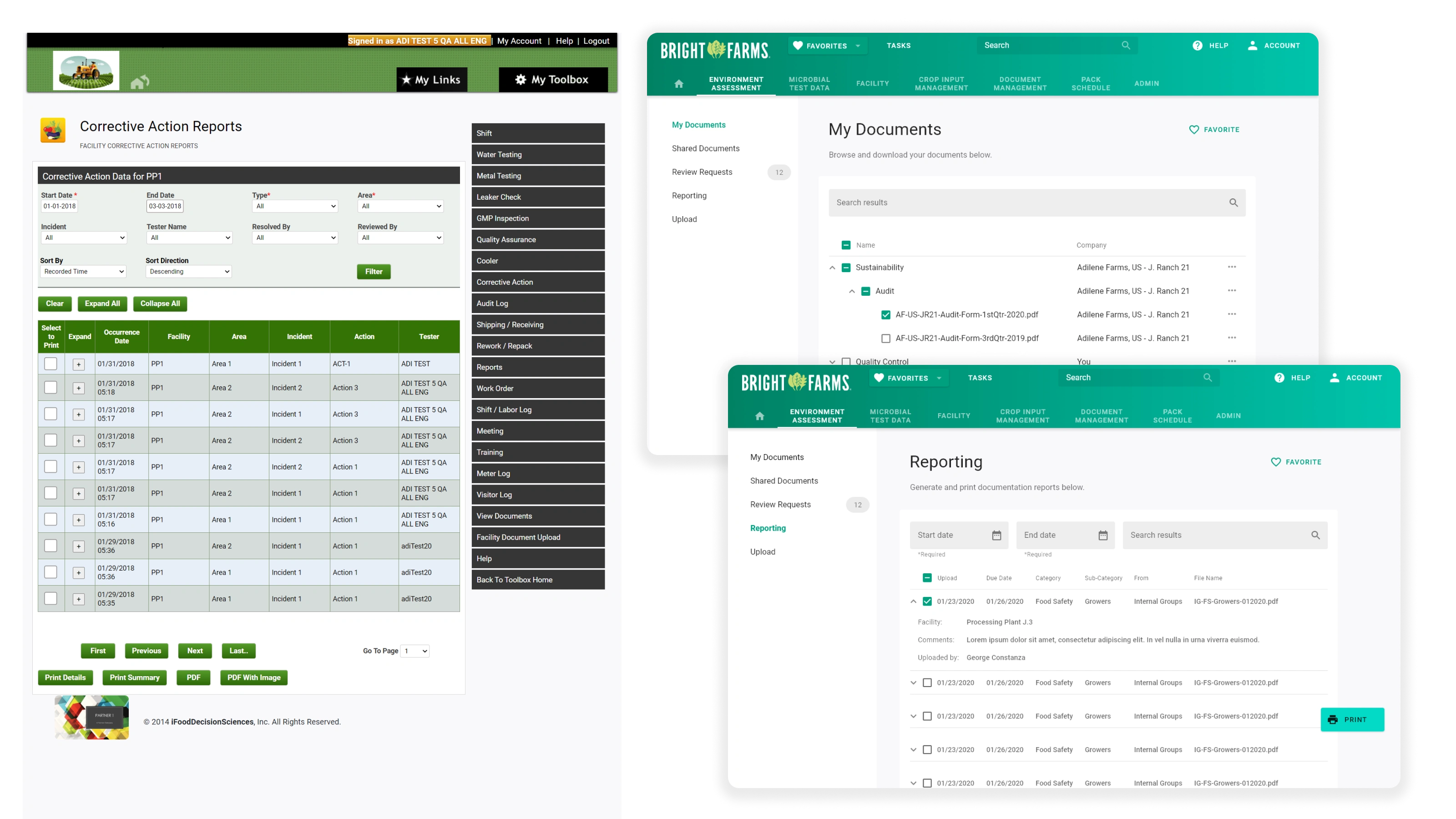 The old iFoodDS corrective action report, a dense unfiltered data table, next to the rebuilt app's organized My Documents and Reporting views