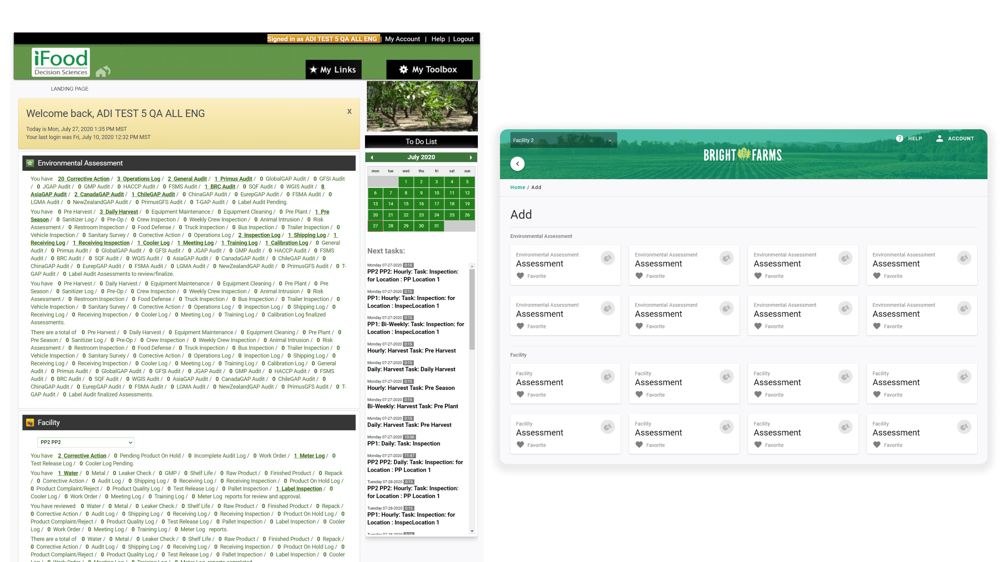 The old iFoodDS home screen, a dense wall of unstructured text links and counts, next to the rebuilt app's clean, categorized tablet screen