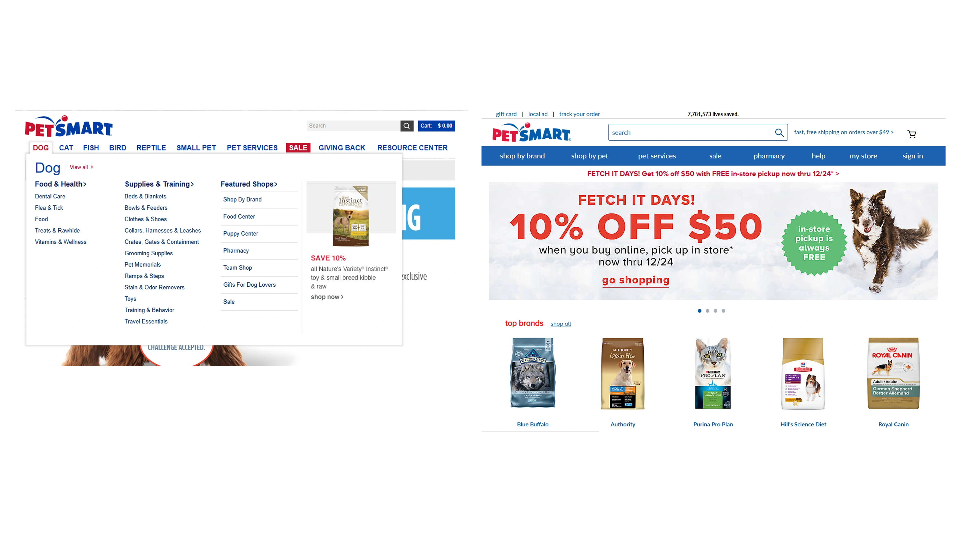 The old petsmart.com category-first mega menu next to the redesigned top navigation and homepage promo bar