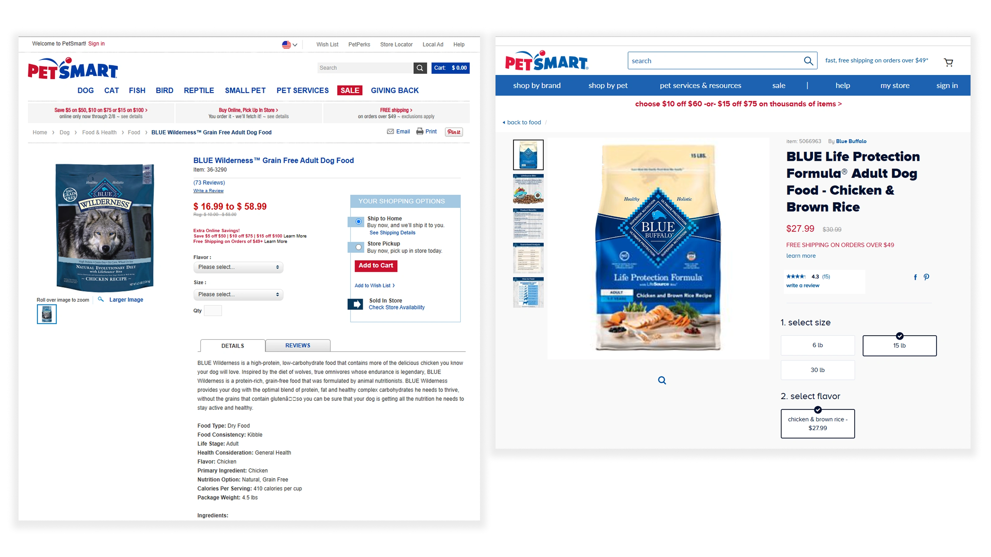 The old product detail page with size and flavor buried in dropdowns next to the redesigned page with size and flavor pulled forward as selectable options