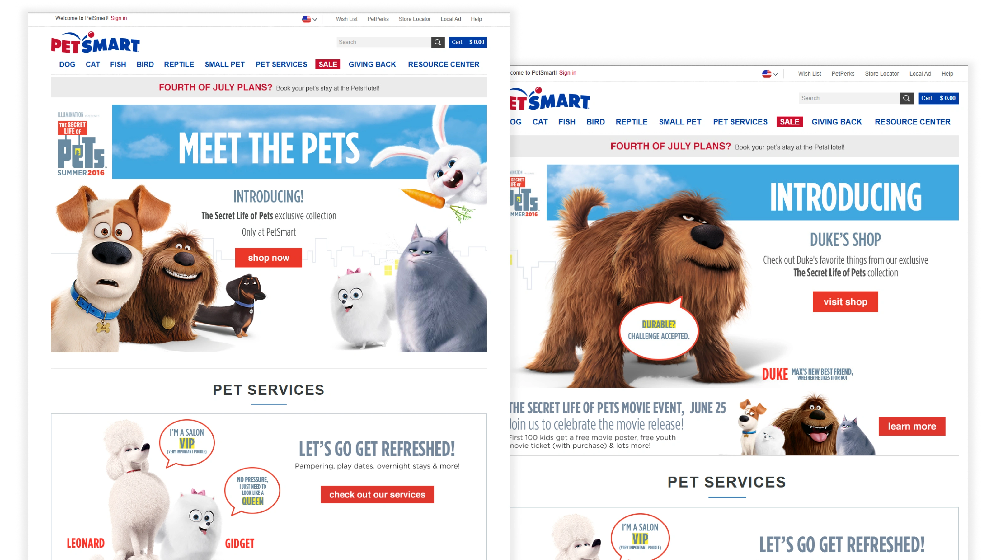 The old Secret Life of Pets homepage banner next to the redesigned Duke's Shop campaign module promoting the movie collaboration