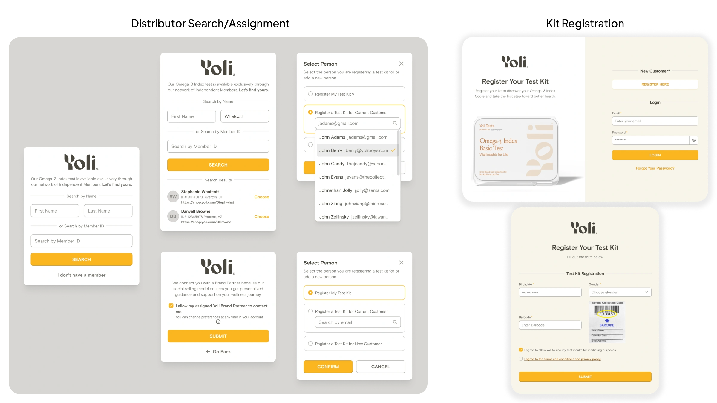 Yoli patient intake flow showing the prefilled registration form and test kit barcode scan step