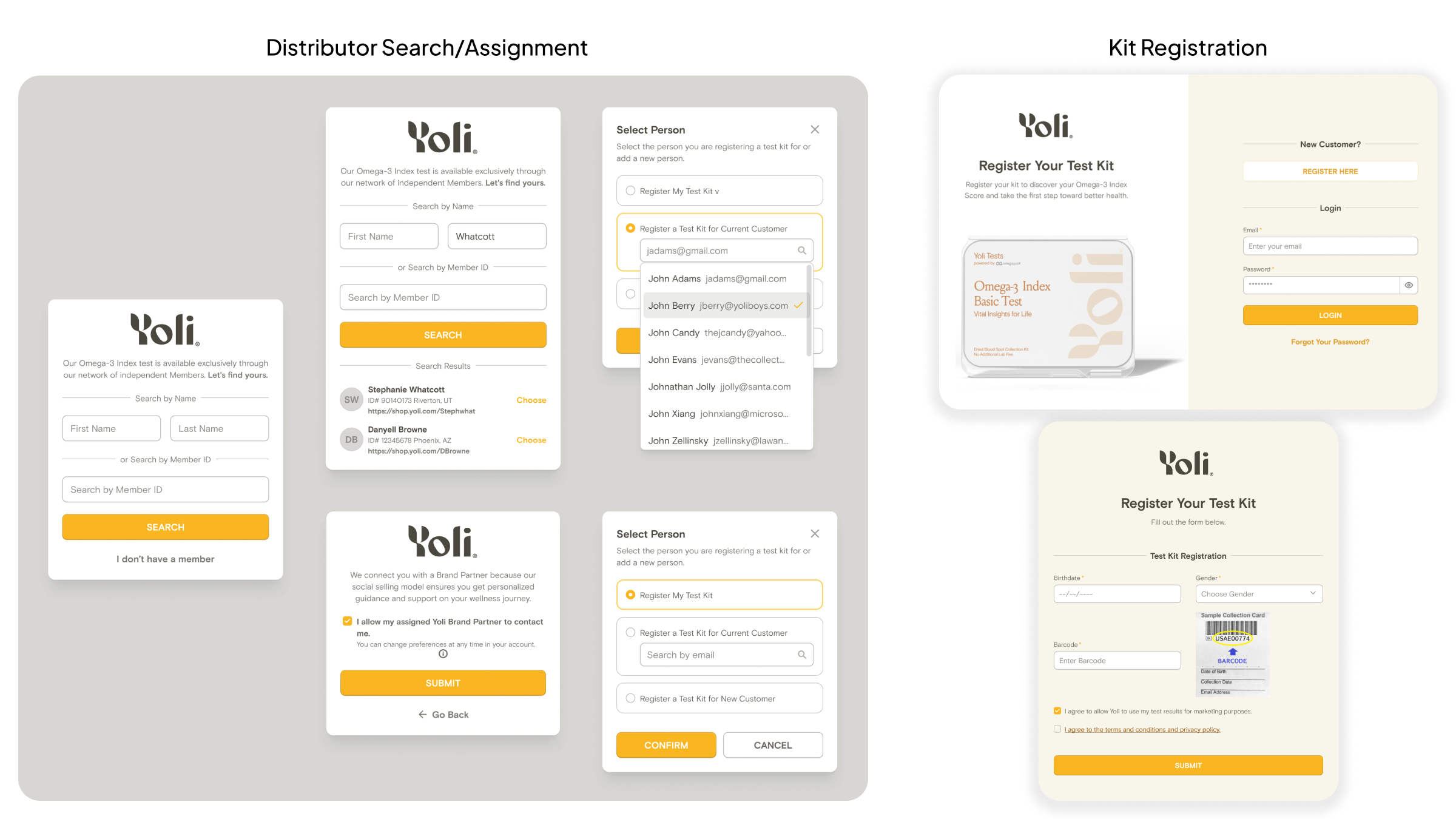 Yoli patient intake flow showing the prefilled registration form and test kit barcode scan step