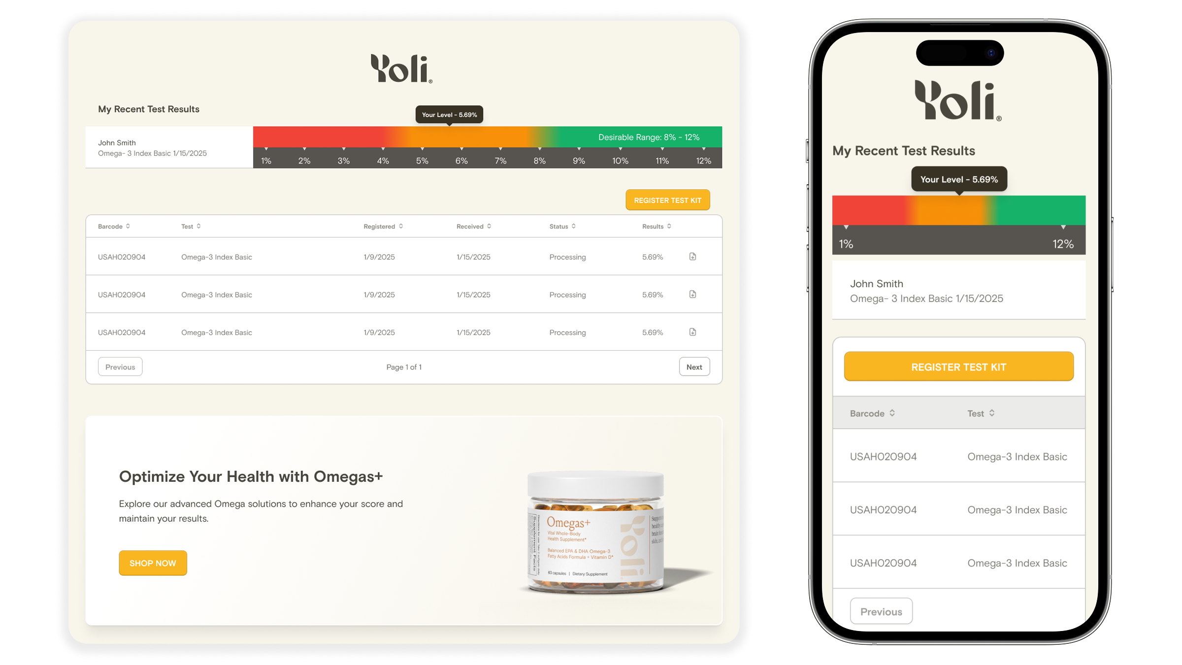 Yoli's Omega-3 index gradient scale with the desirable range marked, the dashboard's signature visual